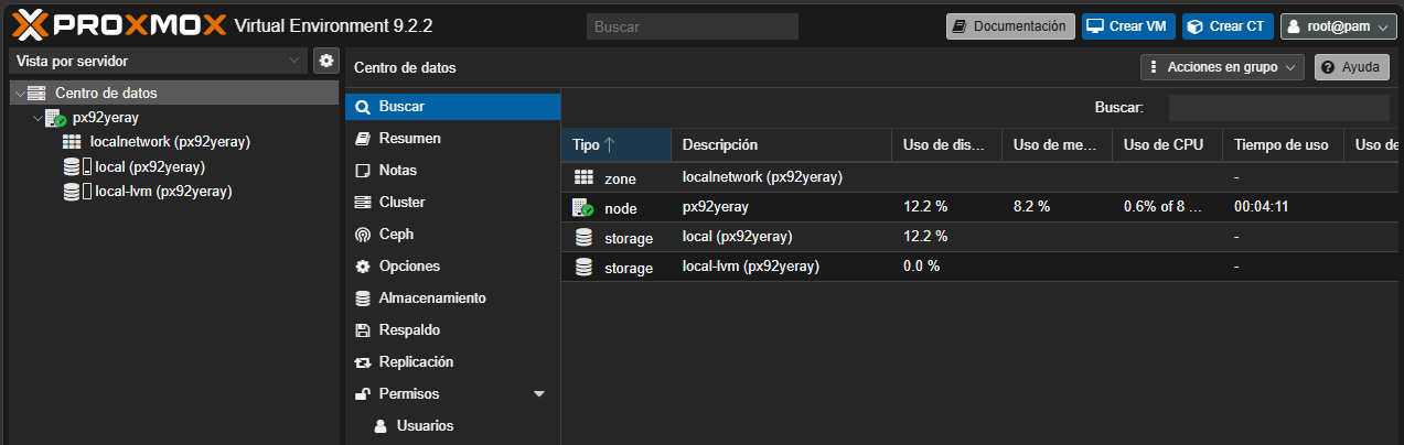 Interfaz de proxmox