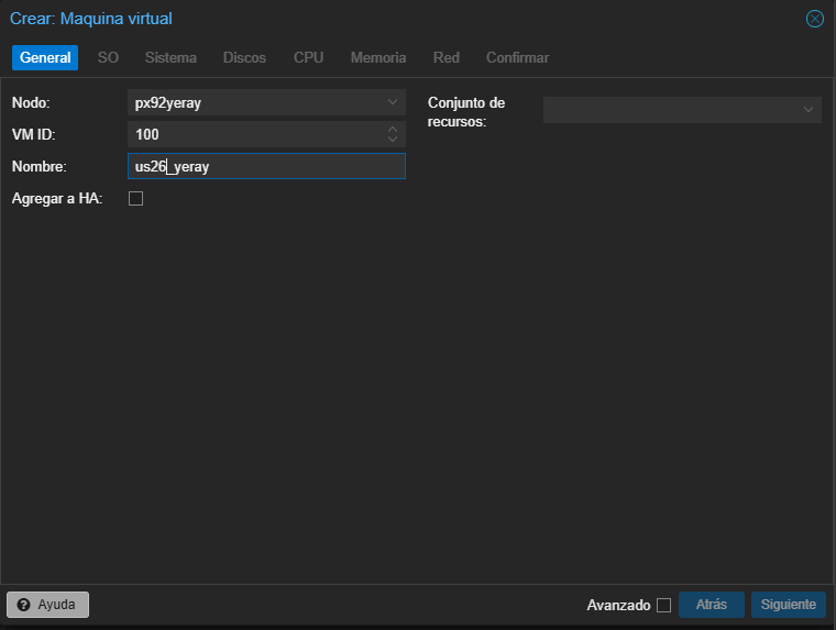 Interfaz de proxmox