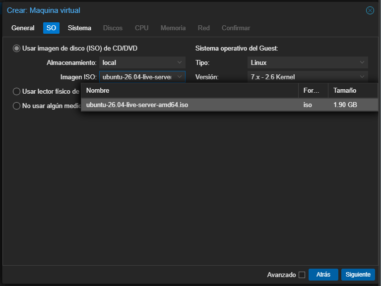 Interfaz de proxmox
