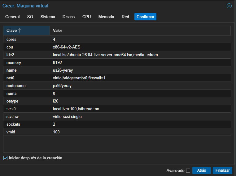 Interfaz de proxmox