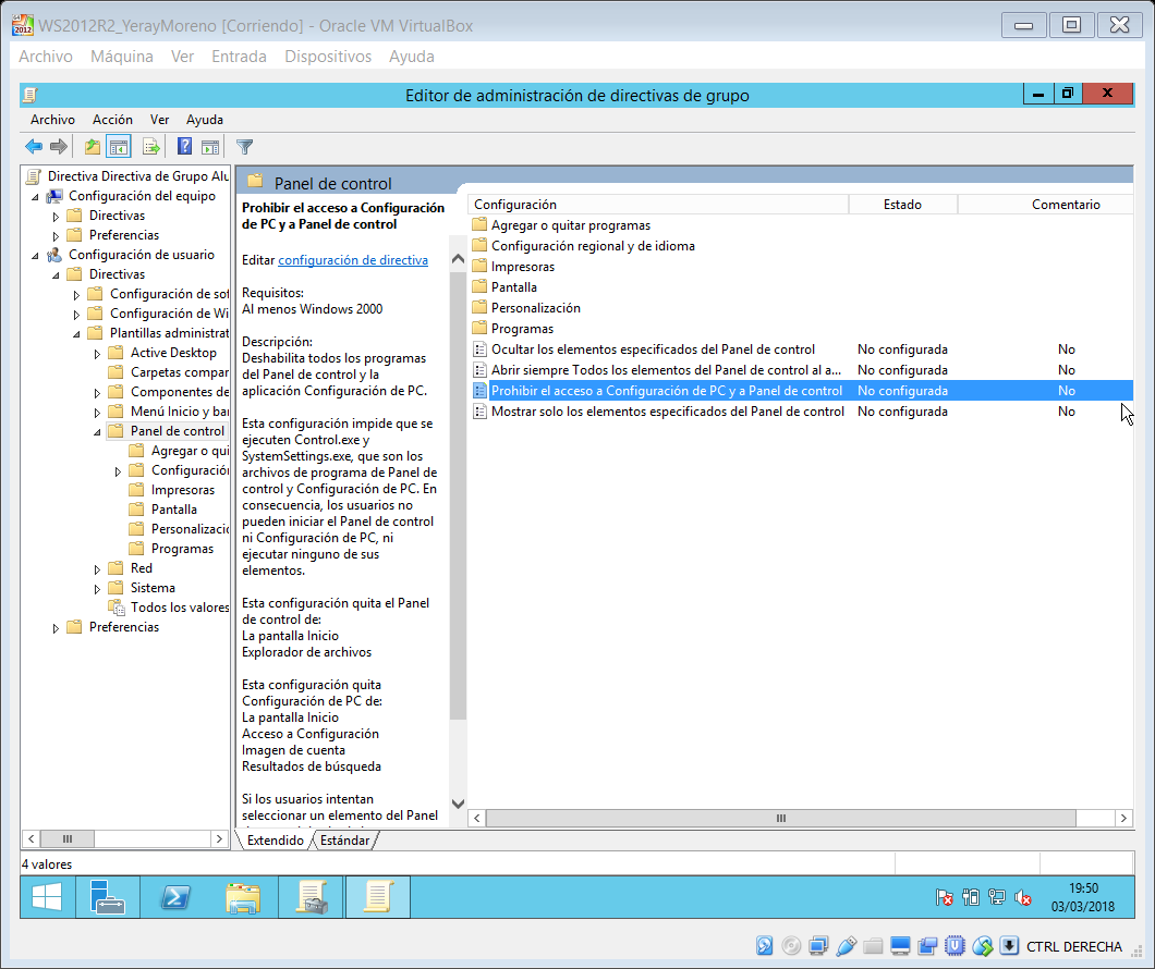 Directiva de grupo que prohíbe el acceso a Configuración de PC y al Panel de control en la OU Alumnado
