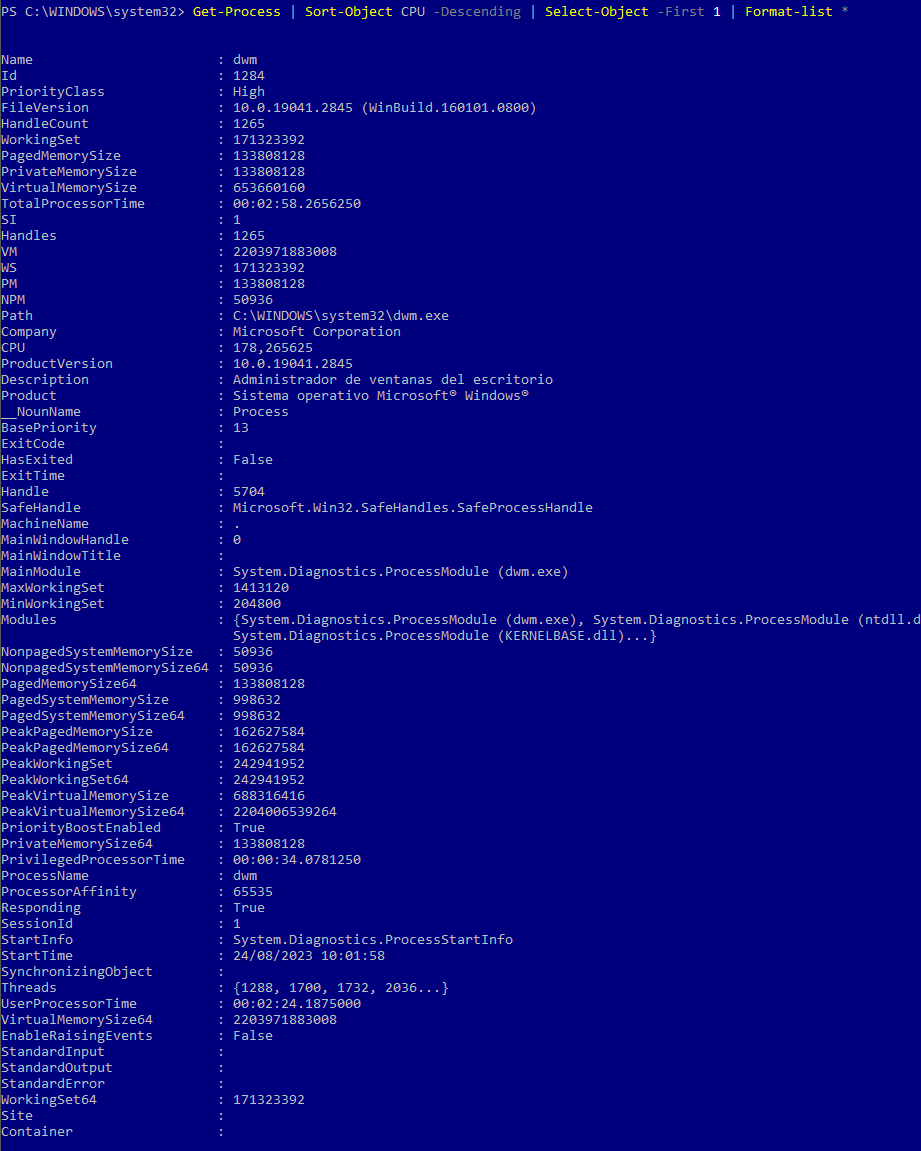 Detalle en formato lista del proceso con mayor consumo de CPU