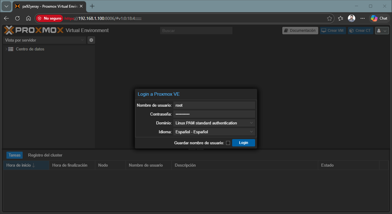 Interfaz web de Proxmox VE mostrando el nodo, los almacenamientos disponibles y el registro de tareas